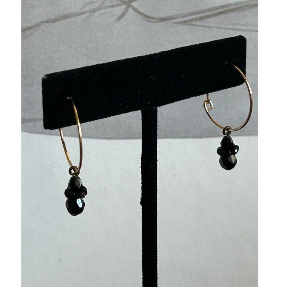 Handmade Gold Hoop Earrings Vintage 80s Art Deco Revival Black Bead Charm